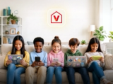 Five children using connected devices beneath the Verizon Home parental controls mark