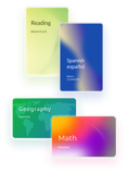 Four tactile learning cards for reading, Spanish, geography, and math