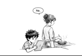 A parent says no while preparing dinner.