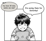 A child making a thoughtful choice about screen time