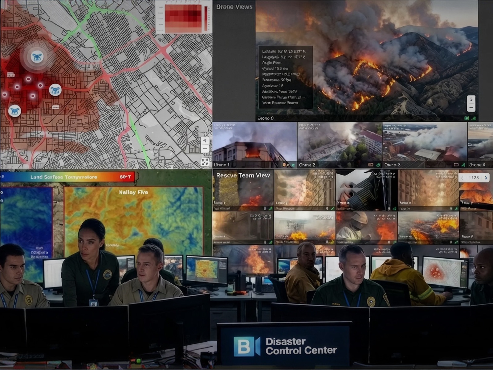 Emergency response control center combining maps, drone feeds, and disaster monitoring
