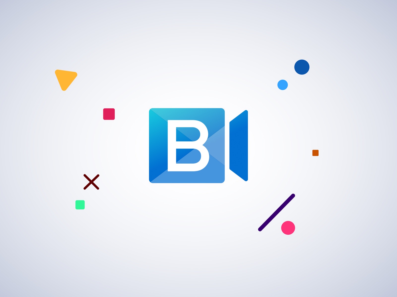 BlueJeans video mark surrounded by colorful geometric forms