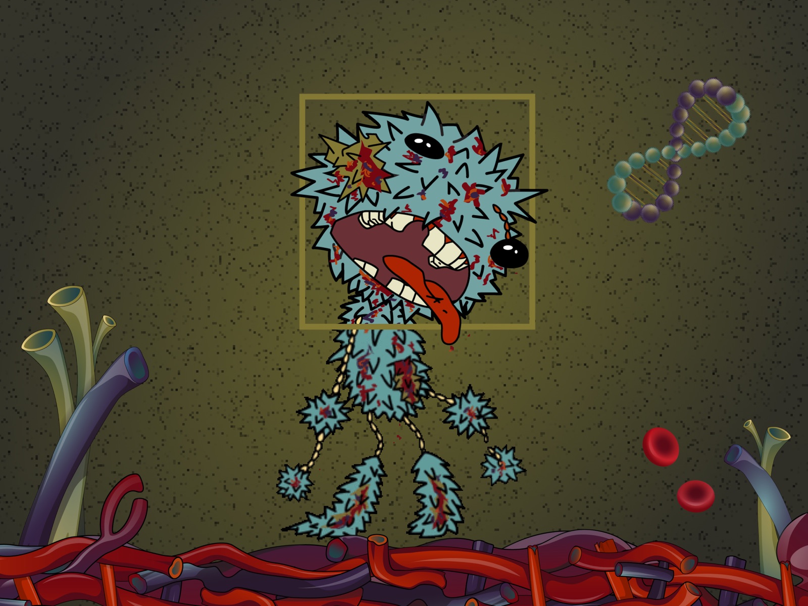 Into the Flesh illustrated creature surrounded by DNA, blood cells, and anatomical forms