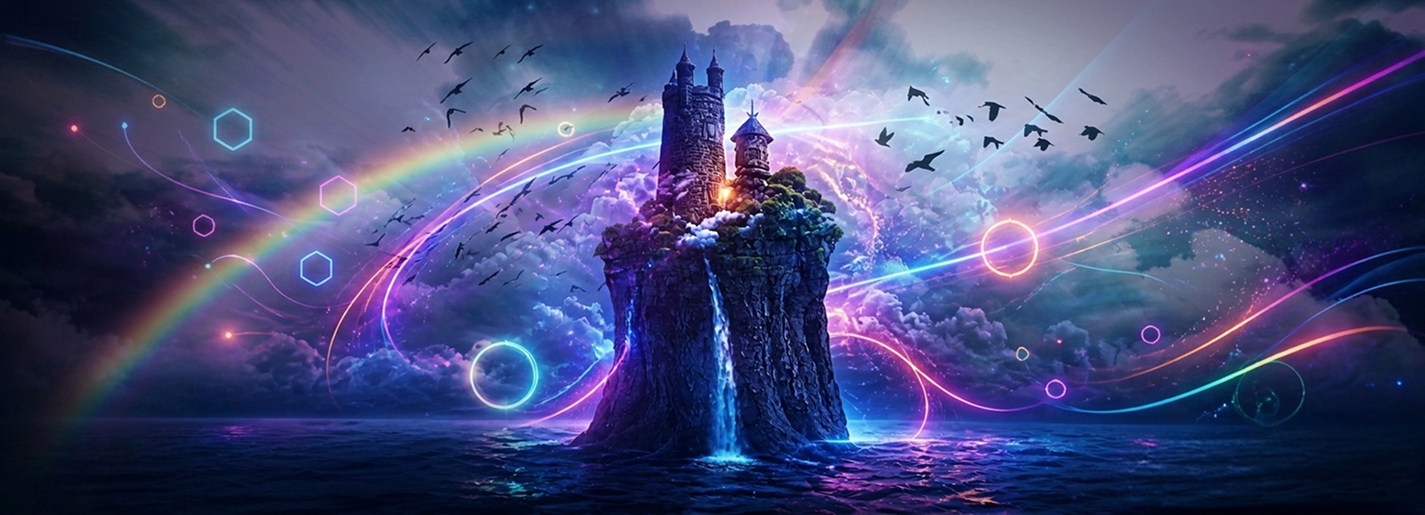 A surreal floating island and towers surrounded by luminous neon trails above a dark ocean