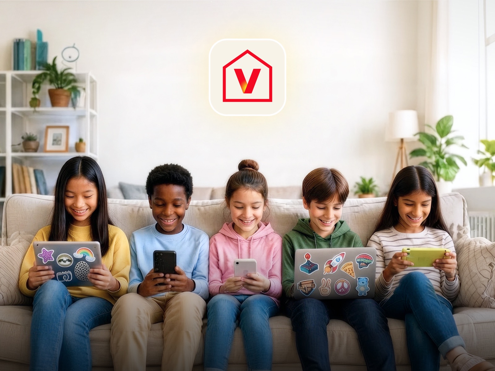 Five children using connected devices beneath the Verizon Home parental controls mark
