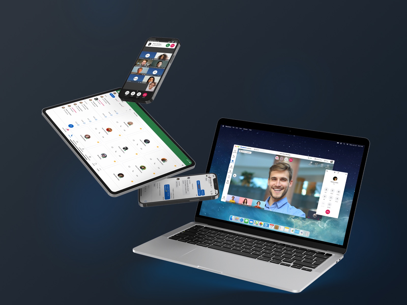 Unified communications interfaces shown across phone, tablet, and laptop devices