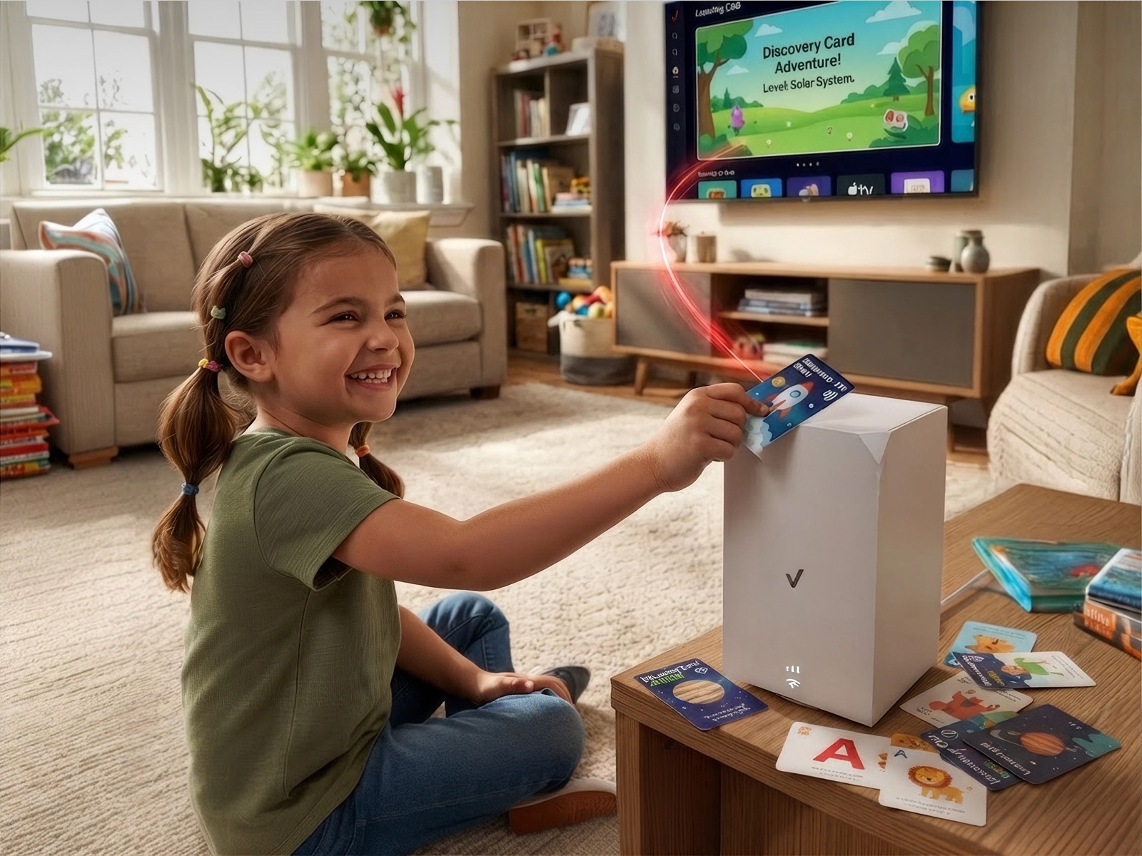 Child using an interactive learning card with a connected home system