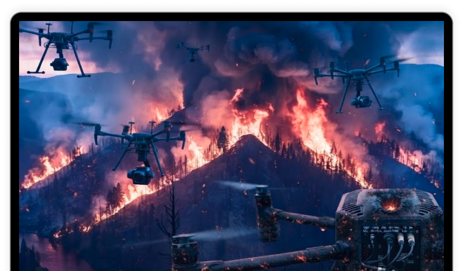 A live disaster-control view showing camera drones surveying a mountain wildfire
