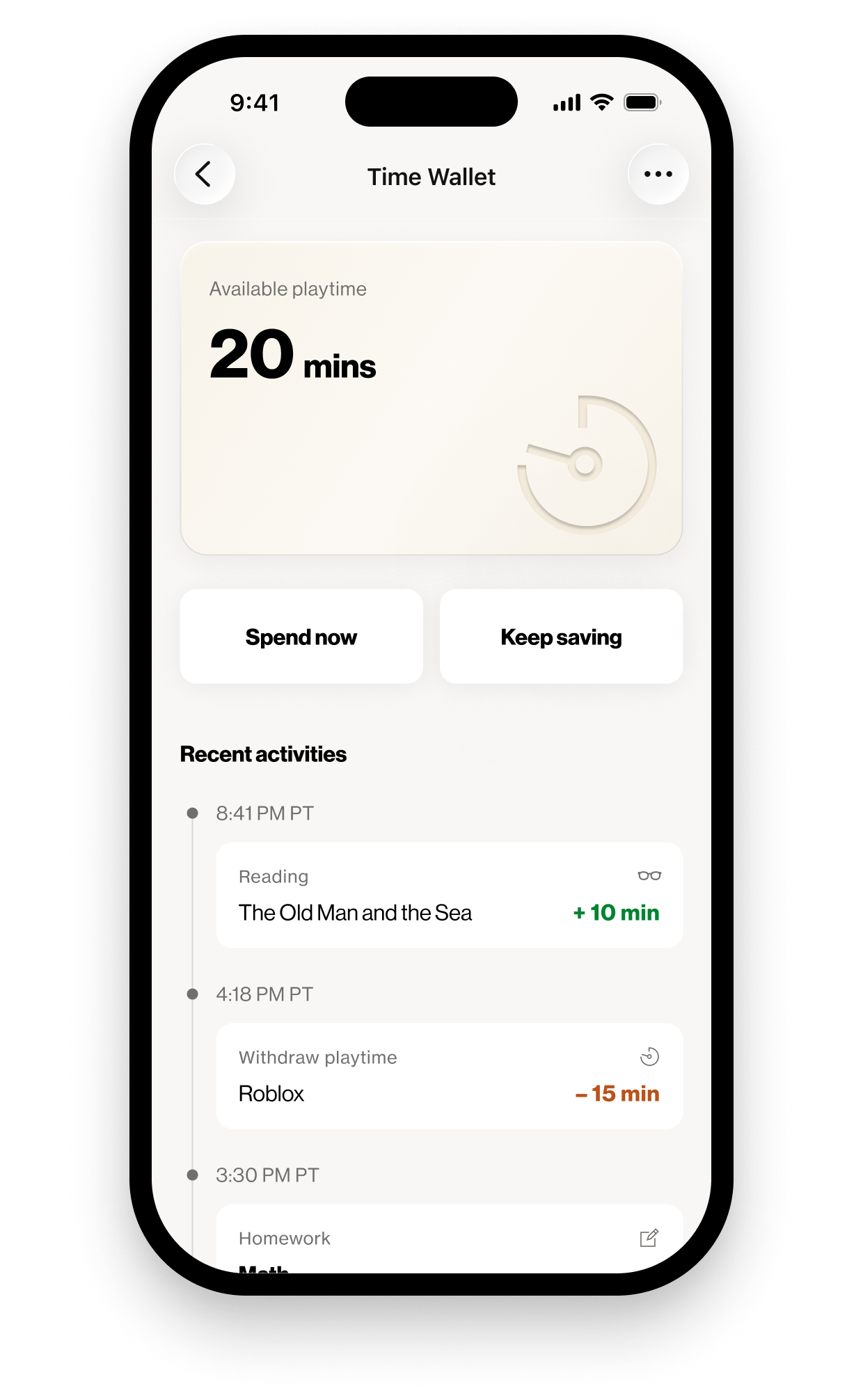 Time Wallet interface showing twenty available minutes and recent activity