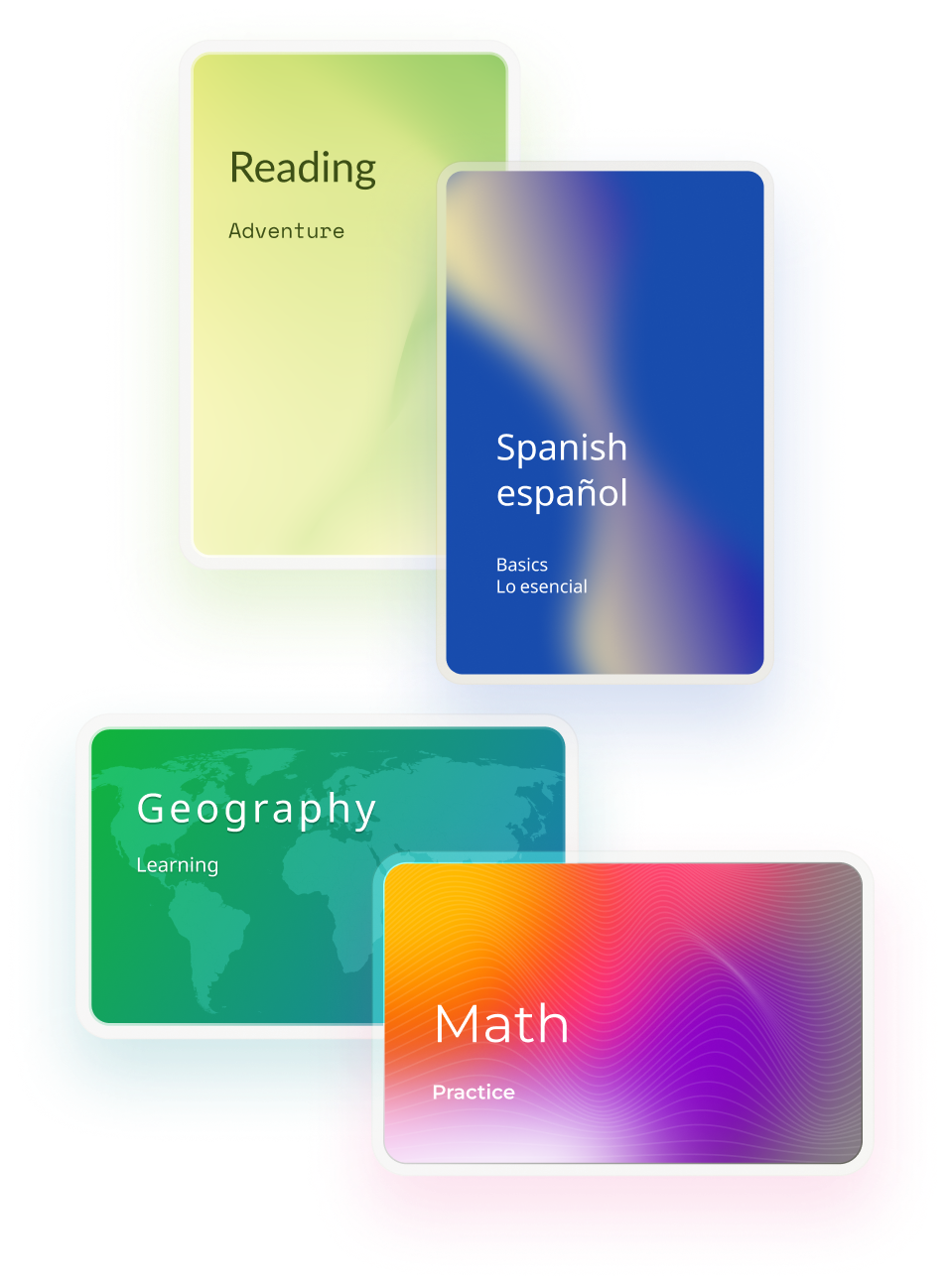 Four tactile learning cards for reading, Spanish, geography, and math
