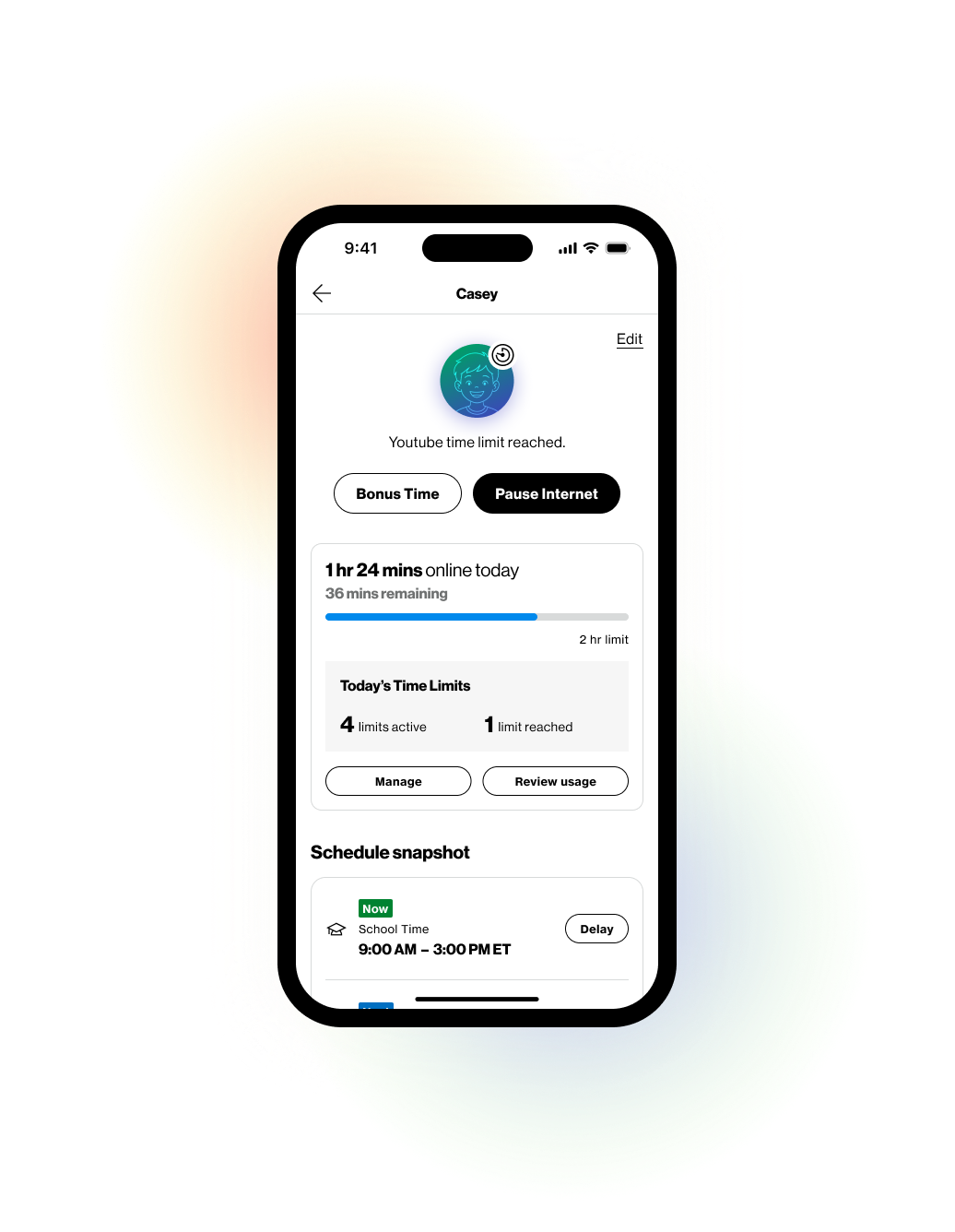 Verizon family profile surrounded by a warm-to-cool gradient glow
